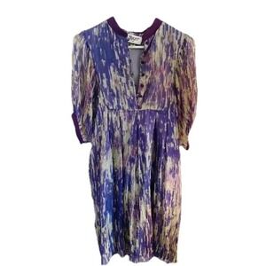 Mayer Silk Abstract Print Dress Purple Green Pleated Empire Waist Vintage Size 2